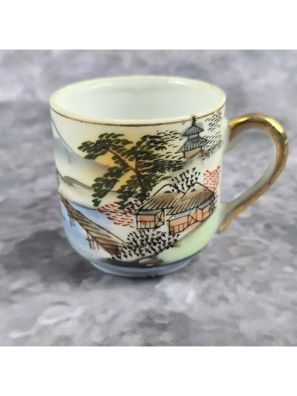 Vintage Demitasse Tea Cup Saucer Hand Painted Occupied Japan Mountain Village